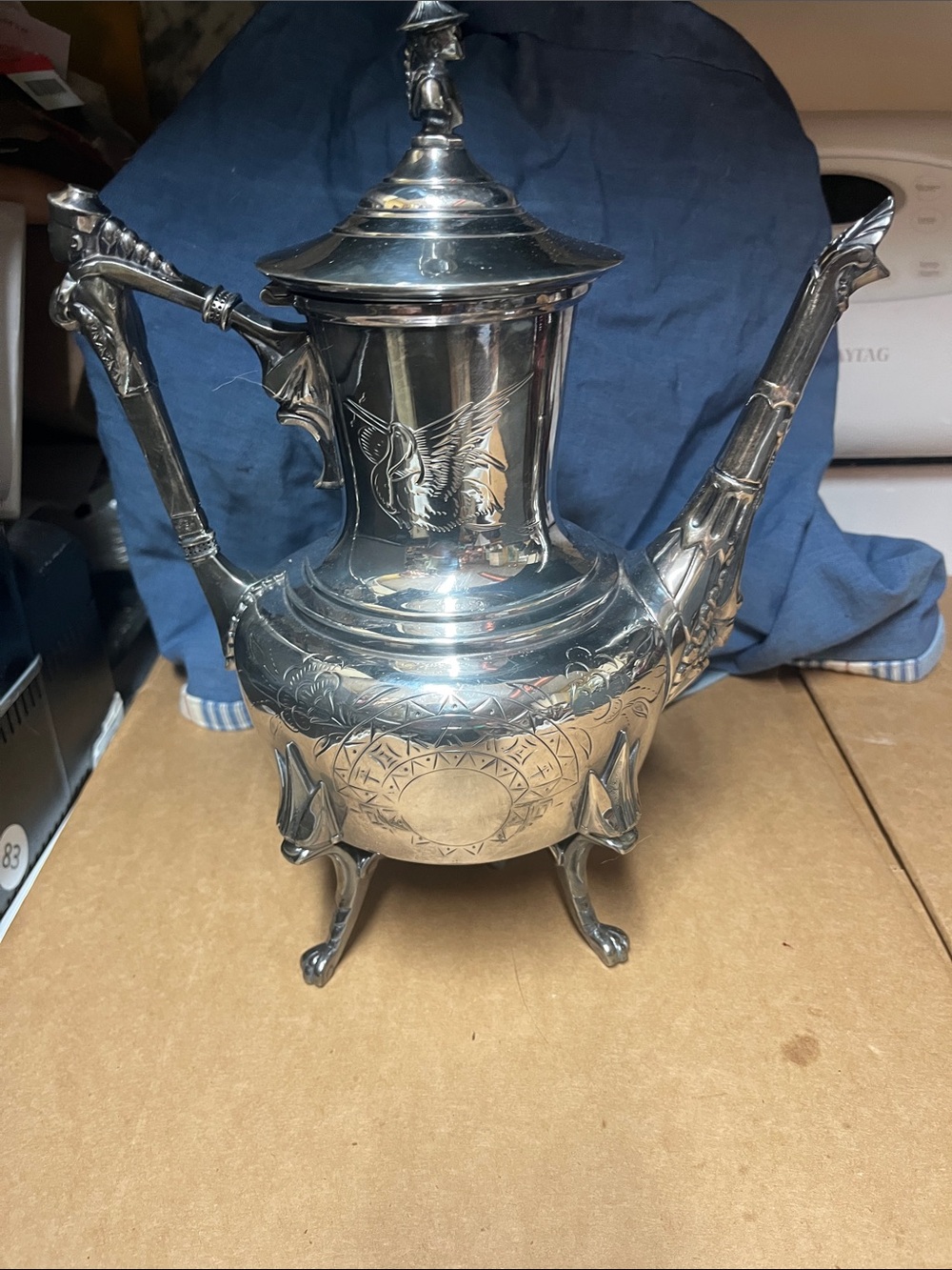 Ornate Silver-Plated Teapot with Engraved Bird Motif Victorian